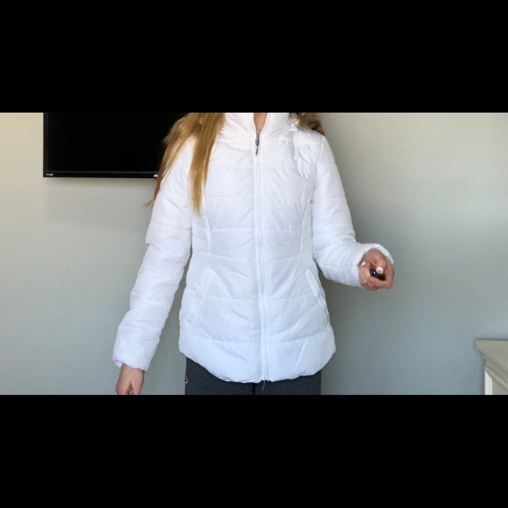 white puffer winter coat with fur lined hood